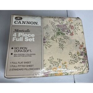 Vtg Cannon Monticello Elisa 4 Pc Full Sheet Set Flowers Flat Fitted Pillowcase